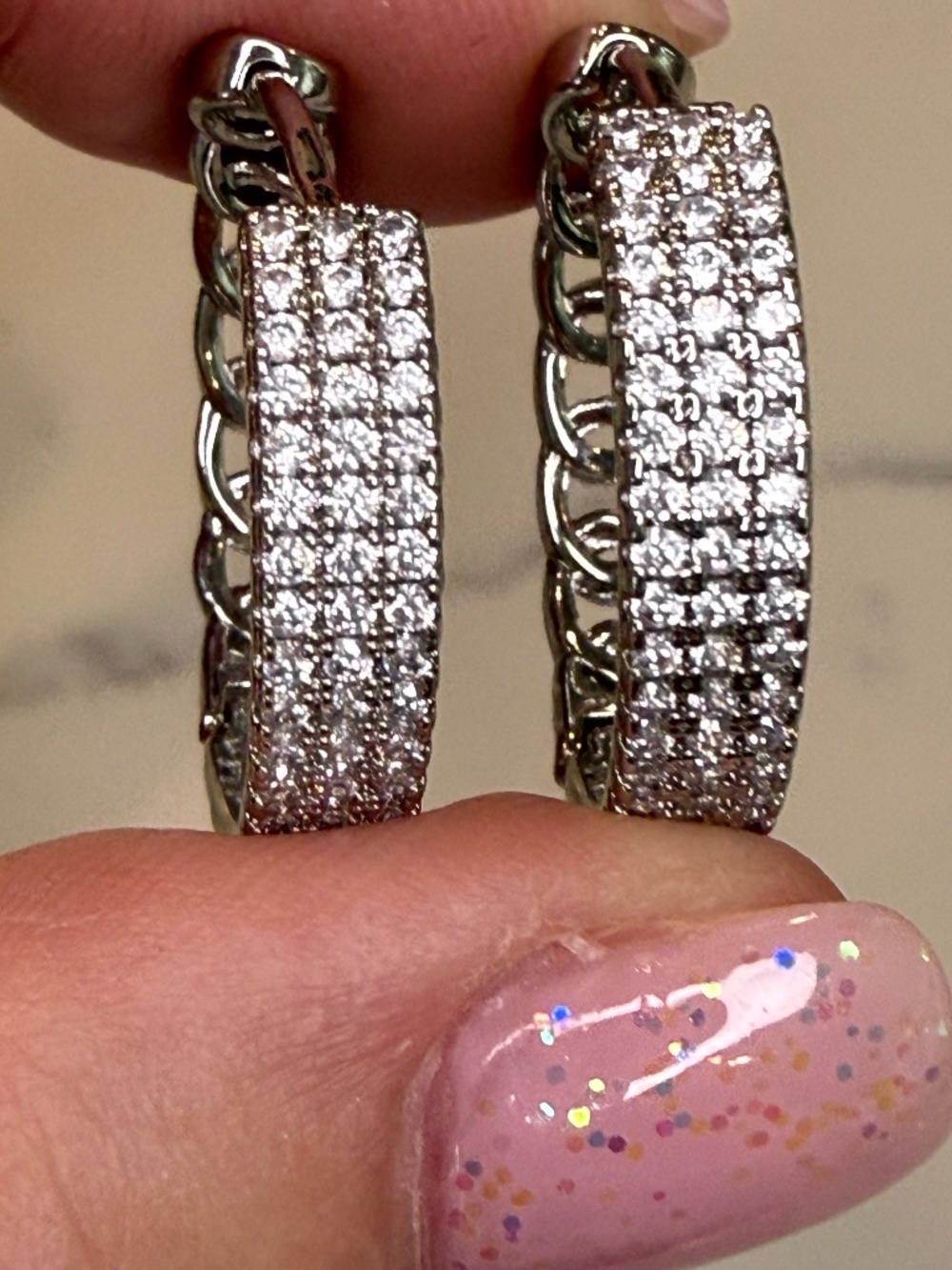 White Gold Earrings Hoops 1 inch with pave accents